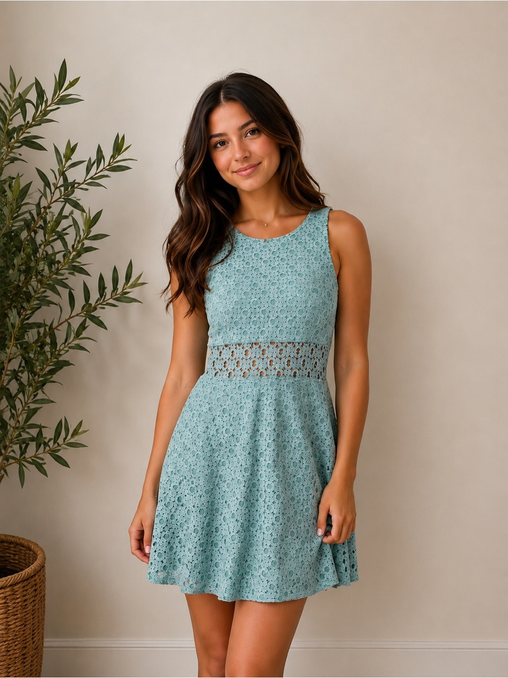 Mudd Women’s Mint Aqua Lace Fit & Flare Dress Size M Sleeveless Sheer Waist